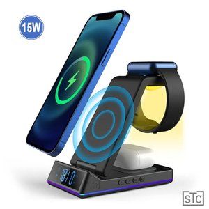 Wireless Charger Station with Clock/Alarm, for iPhone AirPods and Apple Watch